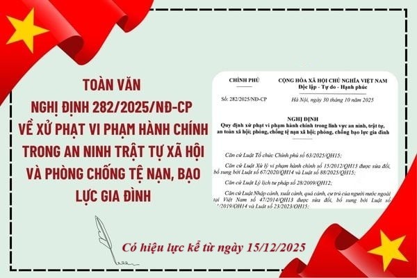 Nghị định số 282/2025/NĐ-CP quy định về xử phạt vi phạm hành chính trong các lĩnh vực an ninh, trật tự, an toàn xã hội; phòng, chống tệ nạn xã hội; phòng, chống bạo lực gia đình, có hiệu lực từ ngày 15/12/2025